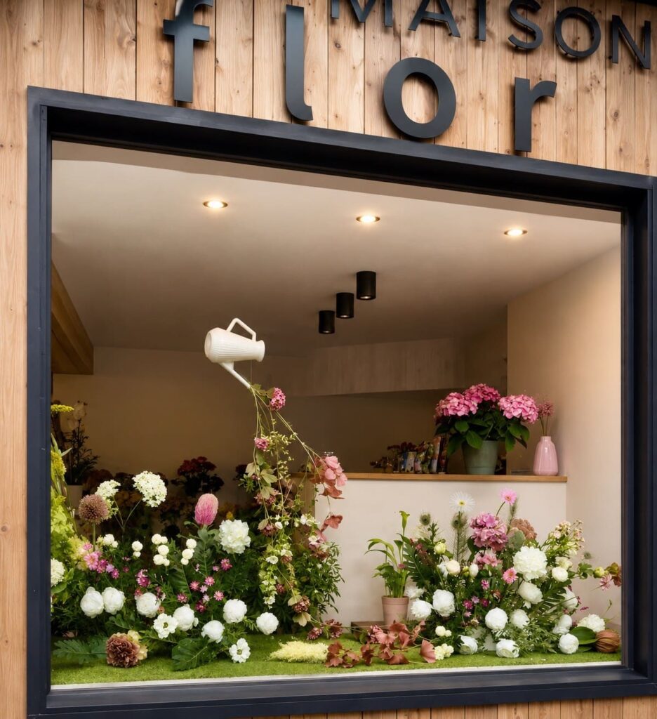 fleurs artificielles Savoie fleuriste vitrine décoration florale haute Savoie décor boutique Megeve Courchevel